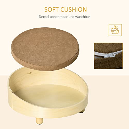 PawHut Hundesofa aus Ratten Erhöhtes Haustiersofa mit Kissen Katzensofa Hundebett Haustierbett Hundeschlafplatz für minimale Hunde waschbarer Bezug Holzbeine Natur+Hellbraun Ø59 x 23,5 cm