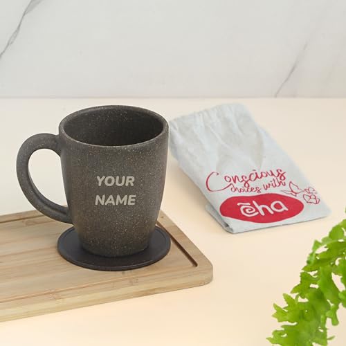 Image of Eha Earth Friendly Customised Coffee Mug, Coaster with Bag 300 ml, Set of 1 | Made with Rice Husk Biocomposite | Personalized Gifts for Friends and Family | Coffee
