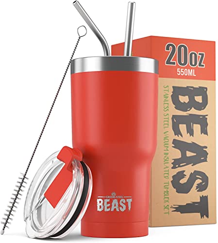 Image of Beast 20 oz Red Tumbler Stainless Steel - Insulated Coffee Cup with Lid, 2 Straws, Brush & Gift Box by Greens Steel (20oz, Ladybug Red)