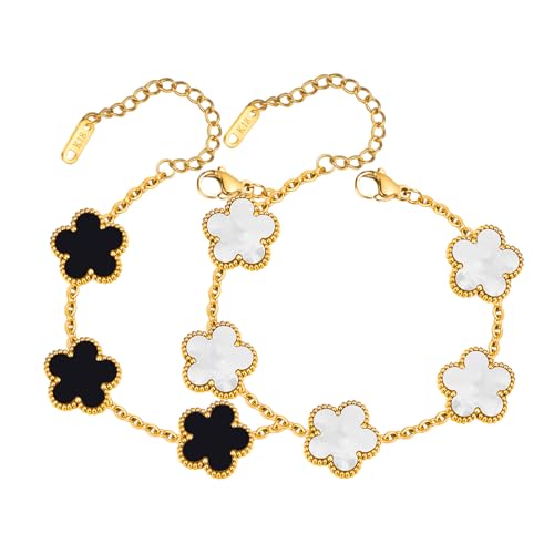 Women Gold Bracelets Jewelry Set - 18K Gold Plated Floral Bracelets,Stainless Steel Charm Bracelet Non-Tarnish,Adjustable lucky Chain Set Trendy Gift,Christmas Valentines Birthday Gifts for Girlfriend