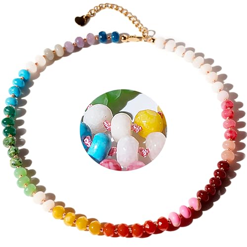 Beaded Gemstone Necklace for Women,Colorful Boho Bead Choker Natural Stones Beach Necklaces 14K Gold Plated Summer Handmade Jewelry,16