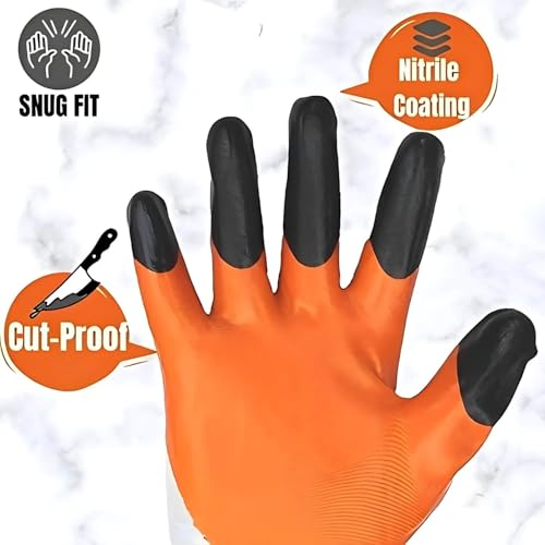 Image of Nitrile Coated Anti-Cut Work Gloves for Industrial, Mechanical, Agricultural, Gardening & Multi-Purpose Use - Durable, Reusable & Protective Hand Gloves, Orange - Pack Of 5 Pairs