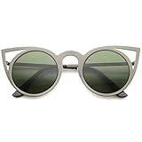zeroUV Womens Fashion Round Metal Cut-Out Flash Mirror Lens Cat Eye Sunglasses (Gunmetal/Green)