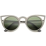 Womens Fashion Round Metal Cut-Out Flash Mirror Lens Cat Eye Sunglasses (Gunmetal/Green)