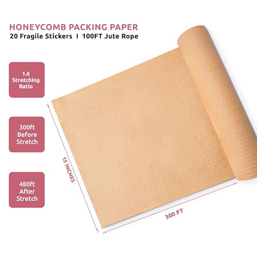 Honeycomb-Packing-Paper-for-Moving-15-In-x-300-Ft-Shock-Proof-Brown-Wrapping-Paper-Roll-for-Shipping-With-20-Fragile-Stickers-100Ft-Jute-Twine