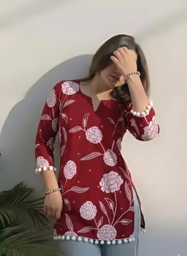 Image of SAICHA Women's Cotton Printed Short Kurti with Pom Pom, Red Floral Pattern