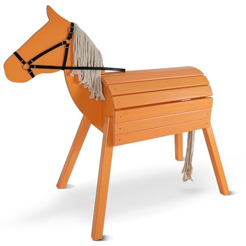 Pink Papaya Holzpferd für draußen Reitpferd aus Holz für Kinder Spielpferd XXL für den Garten Outdoor Pferd mit Mähne und Schweif