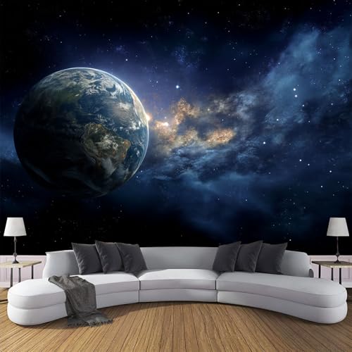 Papel Tapiz Fotográfico 3D Espacio Tierra Papel Pintado Panorámico,Sueño Galaxia Universo Tejido No Tejido Murales Decoración Pared Moderna para Salón,Oficina Azul 400×280cm