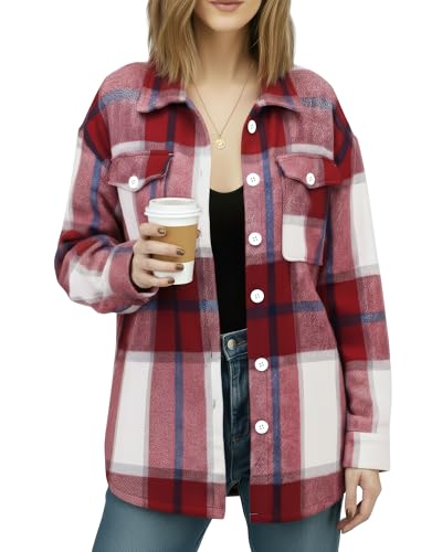 NY Threads Women's Flannel Shirt Plaid Shacket Fall Outfit Relaxed Fit Button Down Long Sleeve Top Casual Jacket for Women, Large, Burgundy/White