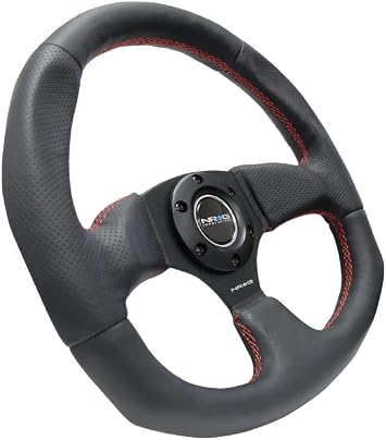 NRG Innovations NRG-RST-009R-RS Reinforced Steering Wheel Black Leather Steering Wheel with Red Stitch