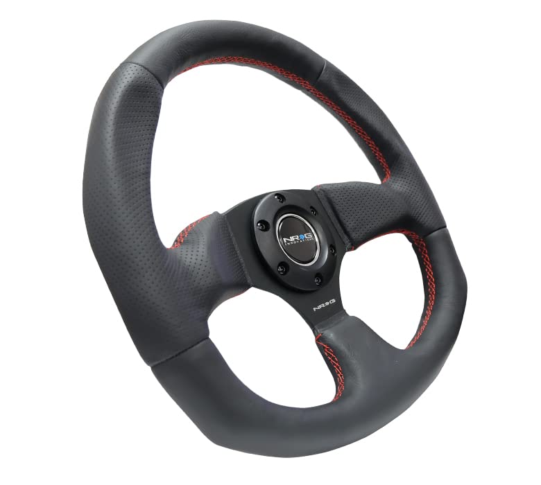NRG Innovations NRG-RST-009R-RS Reinforced Steering Wheel Black Leather Steering Wheel with Red Stitch