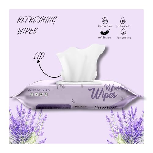 Image of Cursive 99% Natural Face, Hand & Body Cleansing Wipes With French Lavender Refreshing, Calming & Soothing Wipes | Hypoallergenic, Safe For Sensitive Skin | Gentle & Nourishing - Enriched With Aloe & Organic Extracts For Soft, Hydrated Skin (Pack of 2)