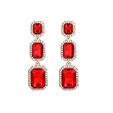 Met-edianger Red Rhinestone Dangle Earrings Statement Crystal Drop Earrings Wedding Bridal Prom Rectangle Dangling Earrings for Women Christams