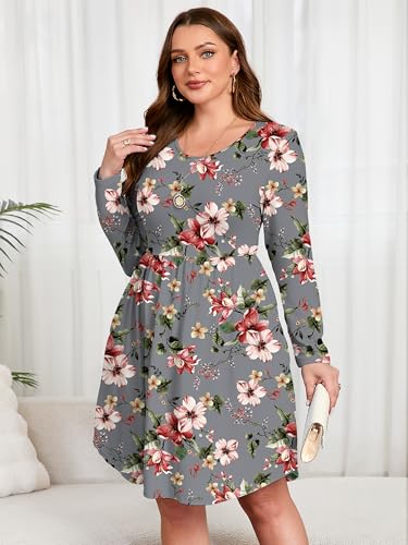Image of AusLook Women's Plus Size Long Sleeve Midi Dress Casual Empire Waist Loose Flowy Dresses A-Line Boho Long Dress with Pockets