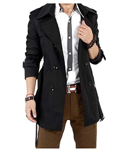 Mens Trench Coat Jacket Belted Cotton Casual Lapel Windbreaker Overcoat