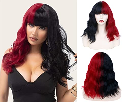 BECUS Perücke für Damen, schwarz und rot, kurz, Bob, lockig, mit hitzebeständiger Perücke, Halloween, Cosplay, Kostüm, Party, Perücke für Frauen (Half Black Half Red-B) Cover