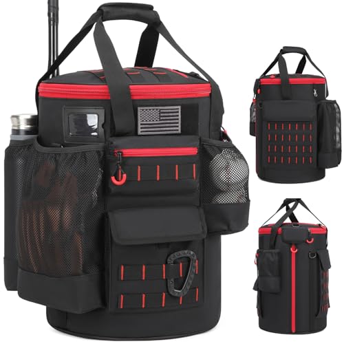SunForMorning Baseball Bucket Bag Baseball Coaching Accessories Organizer Tactical Style Softball Bucket Bag with Anti-Slip Bottom Multiple Pockets for Bat Gloves Scoreboards Black+Red