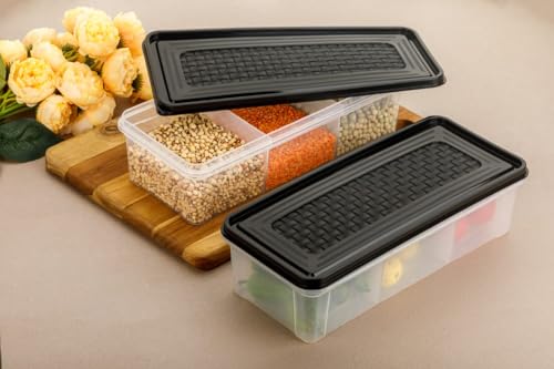 Image of MAGIC SPOON Multipurpose 3 Section Storage Container | Spice Box, Pickle Jar, Fridge Organizer, Dry Fruit, Vegetable & Kitchen Storage Container- 2000ml X 2 Pack (BLACK)