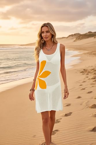 Image of Cakulo Women's Crochet Beach Cover Up Boho Floral Dress | Sleeveless, Hollow Out Knit, High Slit, Bikini Bathing Suit Cover Up, Summer Vacation Dresses, Cruise Outfits, Resort Wear