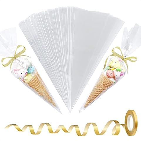 AOT 100 Pcs Sweet Cone Bags, 16x30cm Clear Transparent Cellophane Treat Bags with 10m Golden Ribbon, OPP Plastic Resealable Bags for Snacks Popcorn Chocolates Candy Party Cover