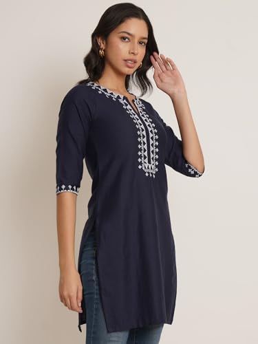 Image of Brownverse Pure Cotton Embroidered Women Short Kurti