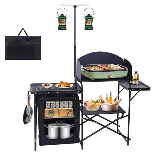 WGOS Camping Table, Camp Kitchen, Cook Station, Camping Kitchen Station, Grill Table with Storage, Light Stand and Windshield
