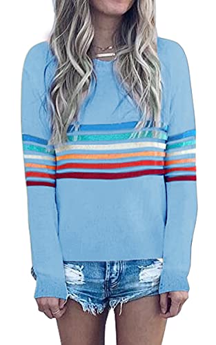 ECOWISH Women's Sweater Rainbow Colorful Striped Sweaters Long Sleeve Crew Neck Color Block Casual Pullover Blouse Tops