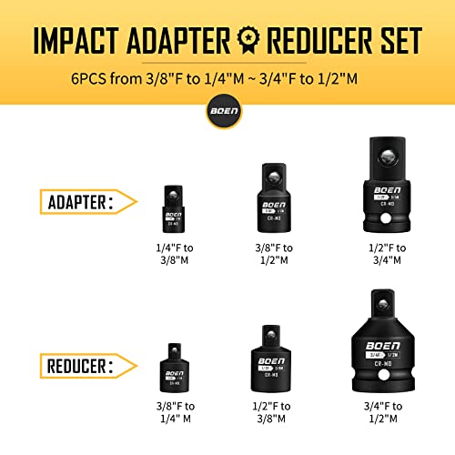 BOEN 6 Piece Impact Socket Adapter Set, 1/4" 3/8" 1/2" 3/4" Drive Socket Reducer Set with Durable Case, CR-MO, Reducer Converter Impact Adapter Set for Impact Driver Conversions