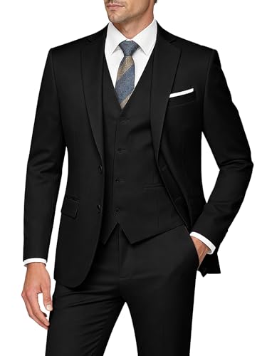 WULFUL Men's Slim Fit 3 Piece Suits Two Button Blazer Vest & Pants Tuxedo Set for Business Wedding Party Black