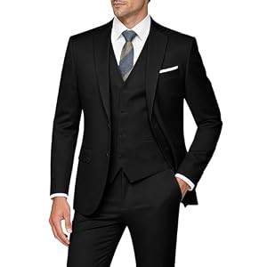 WULFUL Men’s Slim Fit 3 Piece Suits Two Button Blazer Vest & Pants Tuxedo Set for Business Wedding Party
