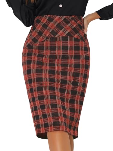 Allegra K Women's Elastic High Waist Knee Length Plaid Pencil Skirt with Side Zipper
