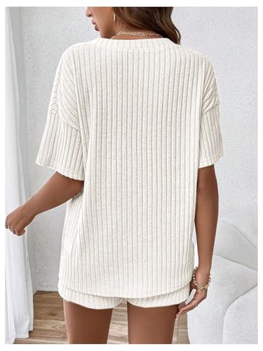 Image of MakeMeChic Women's Maternity 2 Piece Outfits Summer Short Sleeve Rib Knit Tee Top and Short Lounge Sets Clothes
