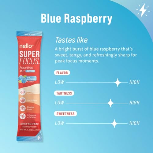 Nello Superfocus – Nootropic Focus Drink Mix for Productivity, Caffeine, L-Theanine, Rhodiola Rosea, Alpha-GPC, Lion’s Mane, Tyrosine, Sugar-Free Packets - Blue Raspberry with Caffeine (Pack of 20) - Image 4