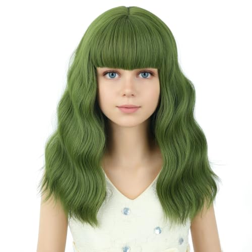 Image of PATTNIUM Olive Green Wig for Kids Girls Short Green Curly Wigs with Bangs Shoulder Length Wavy Heat Resistant Synthetic Wig