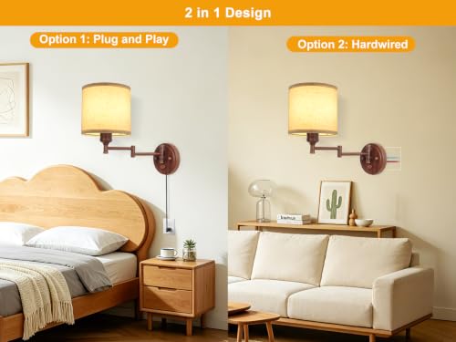 Image of GOODATE Plug in Wall Sconces with Remote Control, Dimming & Adjustable Colors 2700K-6500K, Hardwire or Plug-in, Swing Arm Wall Lamp, Wall Sconces Set of Two, Linen Fabric Shade, Walnut Finish
