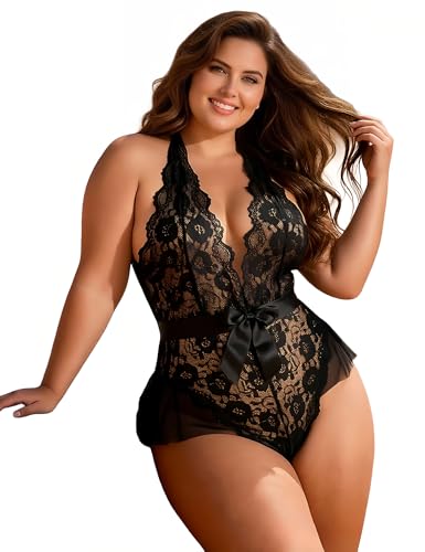 ohmydear Damen Dessous Reizwäsche Große Größen Teddy Body mit Bogen Sexy Spitze Bodysuit Transparent Neckholder Unterwäsche Plus Size Erotische Bodys Curvy Lingerie