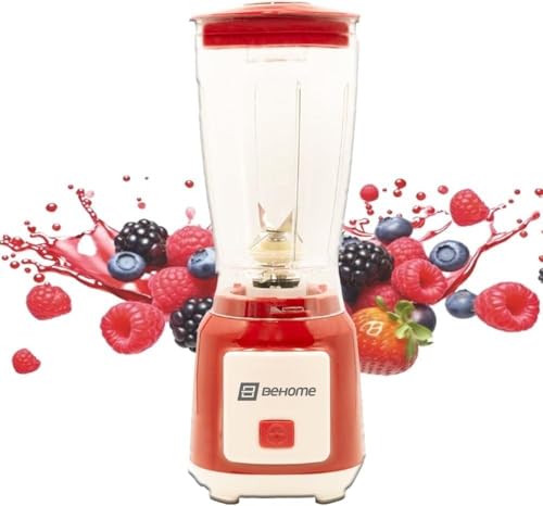 BEHOME Blender Mixeur Électrique, Bol Plastique 600 ML, lames en Acier Inoxydable, Blender Smoothies pour Shakes, Mixe Fruits, 250 W Rouge