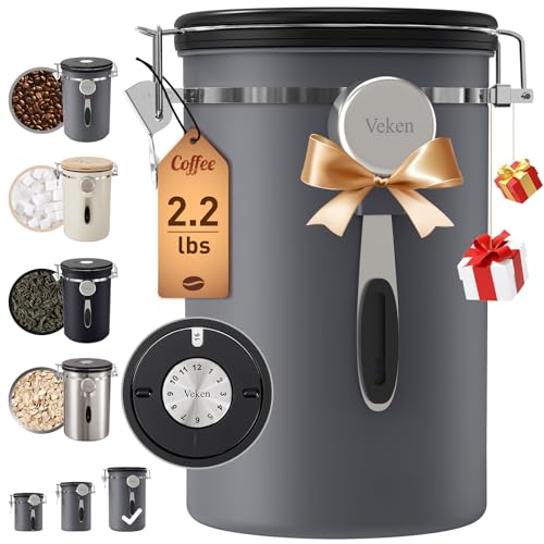 Veken Coffee Canister, 39OZ Large, Airtight Stainless Steel Food Storage Container for 2.2lbs Coffee Beans,Ground, Sugar,Espresso,Rice,Tea,Flour, Cereal,Home Kitchen Pantry Bar Accessories, Gifts,Gray