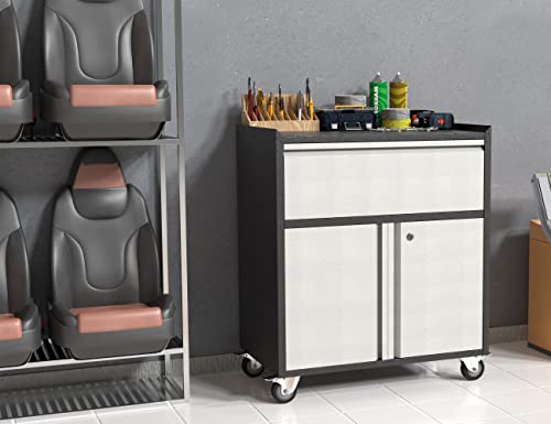 Aobabo Metal Storage Cabinet With Wheels, Mobile Metal Garage Cabinet With 1 Drawer And 2 Locking Doors, Small Rolling Tool Storage Cabinet, Assembly Required, Black/Gray #TOP6
