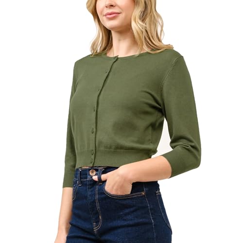 Image of Women's Cropped Cardigan 3 /4 Sleeve Crewneck Button Up Sweater Knit Top (S~XL)