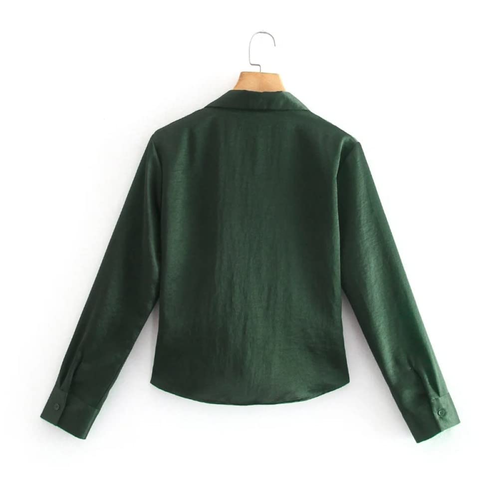 Bluse,Damen Vintage Grün Solide Cropped Revers Button Plissee Enge Sommer Blusen Langarm Schick Elegant Casual Stilvolle Tops Lose Büro Shirt