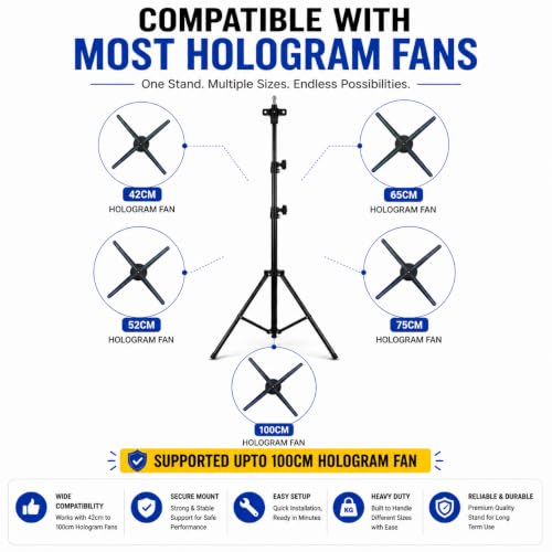 Image of TONZO Custom Portable 3D Hologram Fan Stand | Heavy Duty Adjustable Tripod up to 9 Feet | 150 lbs Load Capacity | Holographic Fan Display with Safety Lock Knob & Pin, Event, Retail Shop & Exhibition
