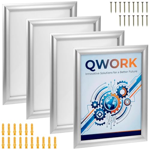 QWORK 4 Pack Aluminum Snap Frame 8.5 x 11 Front-Loading Wall Mount Picture Frame Poster Holder with Mitred Corners 1 Profile Anodised Aluminium for Picture Document Certificate Silver