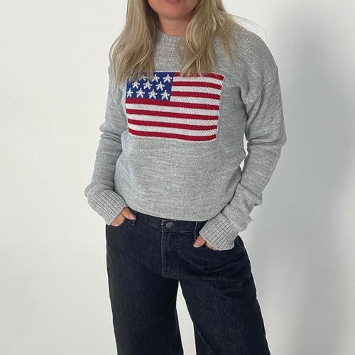Image of Womens American Flag Sweater Long Sleeve Crew Neck Star Graphic Knit Pullover Tops Casual Loose USA Sweater