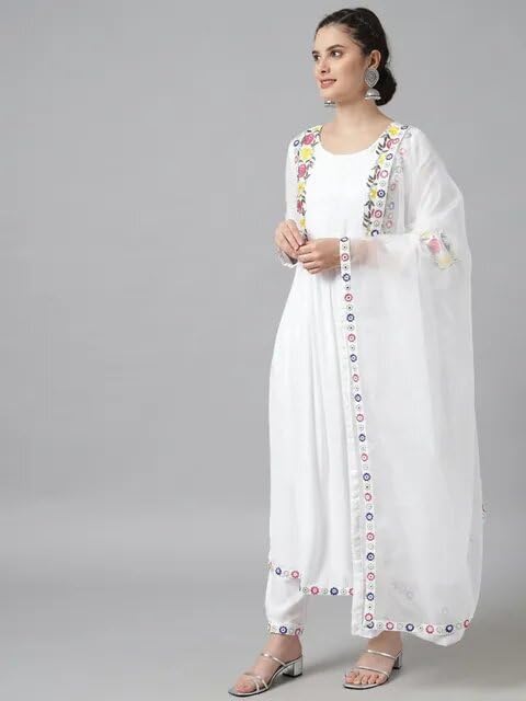 Patlani Women's Micro Malay Embroidered Straight Kurti Palazzo Pants Set With Dupatta.(Multi-White-M)