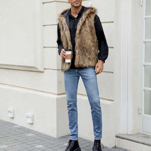XUNRYAN Men's Luxury Faux Fur Vests Hooded Winter Coats Sleeveless Jacket Vest with Hood Gilet Furry Waistcoat Warm Cardigan4