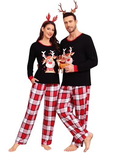 SWOMOG Couple Pajama Set Christmas Matching Family Long Sleeve Pj Set Xmas Printed Sleepwear Men&Women Plaid Pant with Pocket