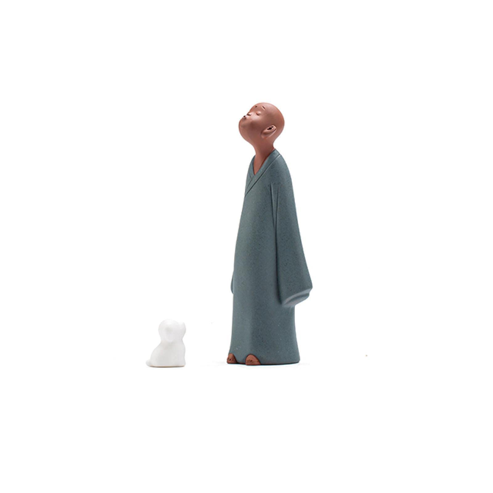 Zen Décoration Petit Moine et Chien Blanc Statuette de Bureau Salon