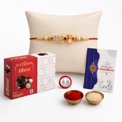 Image of DeoDap Designer Rakhi for Brother with Effete Choco Magic, Golden-Toned Centrepiece and Pearl Beads, Roli Chawal, Shagun Coin and Greeting Card for Raksha Bandhan