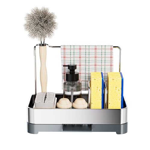 Runnatal キッチンシンクオーガナイザー、スポンジホルダーとブラシホルダー付きステンレススチールラック、排水ベース、3.7mm ステンレススチールエッジ、取り付け簡単、お手入れ簡単なキッチンシンクオーガナイザー。